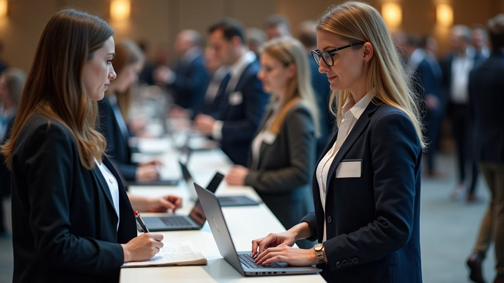 Event professionals coordinating registration and operations at a conference
